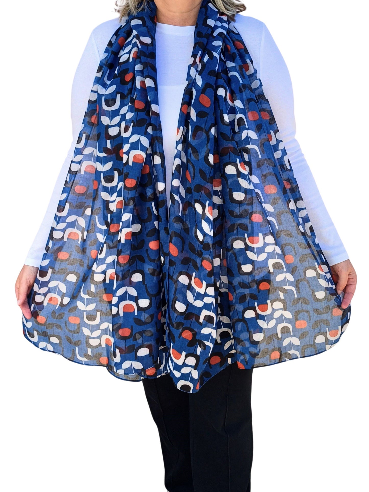 Blue-Bold-Block-Flower-Print-Scarf-Model