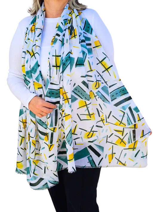 green-bold-geometric-printed-scarf-on-a-model