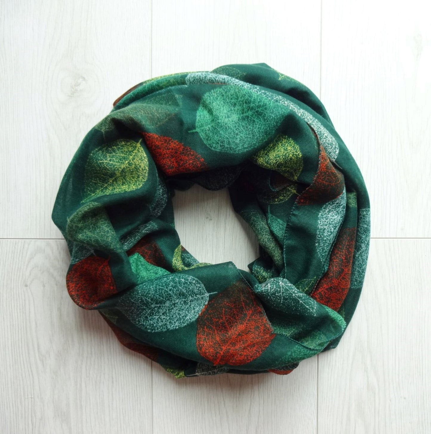 Green-Scarf-with-Autumn-Leaves-Print