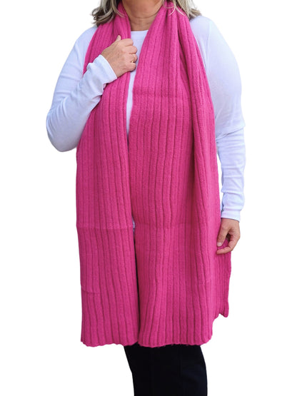 Pink-Blanket-Scarf-Plain-Wool-Knitted-on-a-model-long