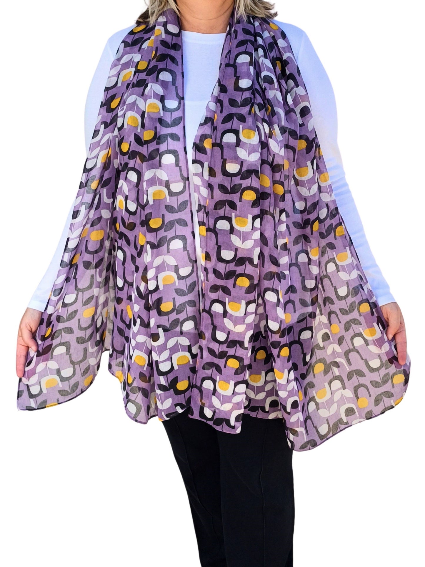 Purple-Bold-Block-Flower-Print-Scarf-model