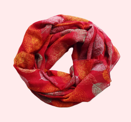 Red-Scarf-with-Autumn-Leaves-Print