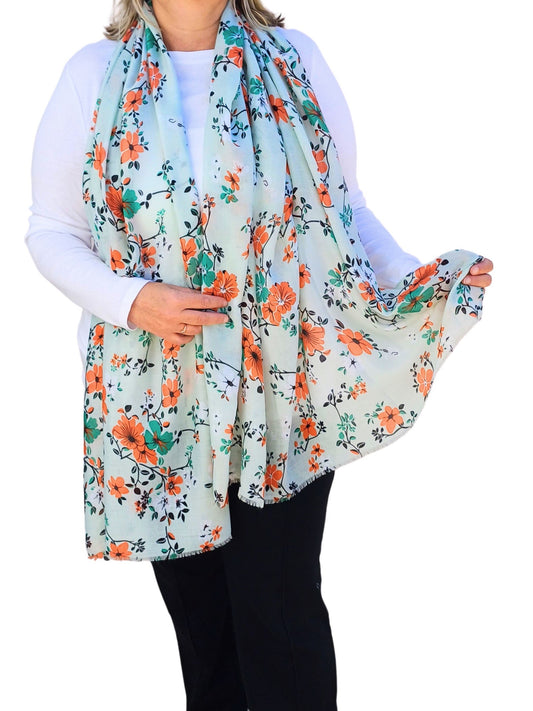 The Oversized Botanical Bloom Scarf - green-orange-floral-oversized-lightweight-summer-scarf-shawl-Scarf