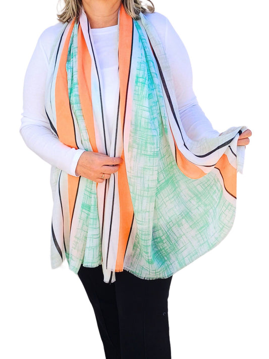 Geometric Striped Soft Scarf - Mint, Orange, and White - geometric-striped-soft-scarf-green-orange-stripe-print-super-soft-oversized-lightweight-scarf-wrap-Scarf