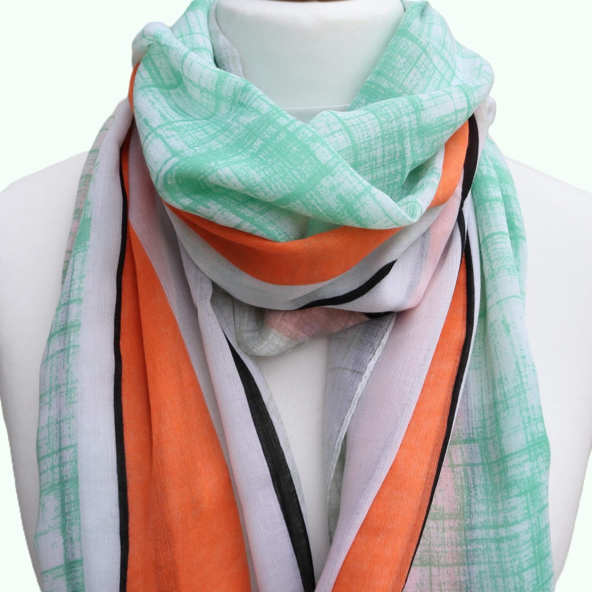 Colourburst Breeze Scarf – Green & Orange Stripes - green-orange-stripe-print-super-soft-oversized-lightweight-scarf-wrap-Scarf