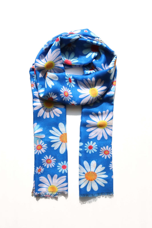 Large Daisy Floral Print Scarf - Orange or Blue - bright-blooms-lightweight-spring-scarf-Scarf